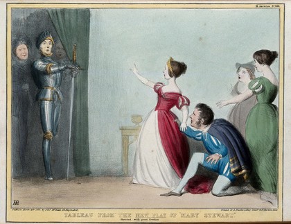 A dramatic encounter between the Duke of Wellington, dressed in armour bearing a large sword, and Queen Victoria with Lord Melbourne kneeling in supplication and two ladies in waiting. Coloured lithograph by H.B. (John Doyle), 1840.