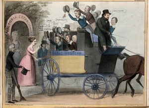 view Daniel O'Connell drives a coach containing cheering schoolboy politicians that departs from the "Victoria Establishment". Coloured lithograph by H.B. (John Doyle), 1840.