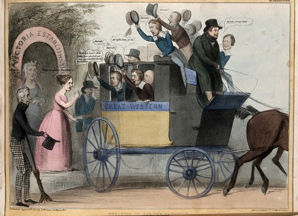 Daniel O'Connell drives a coach containing cheering schoolboy politicians that departs from the "Victoria Establishment". Coloured lithograph by H.B. (John Doyle), 1840.