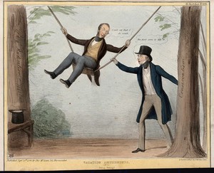 view Charles Wood sits in a swing pushed by Lord Howick between the trunks of two trees inscribed "Whig radicalism" and "Conservatism". Coloured lithograph by H.B. (John Doyle), 1840.