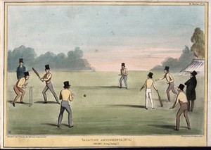 view A game of cricket with Lord Morpeth and Lord John Russell as the two batsmen. Coloured lithograph by H.B. (John Doyle), 1840.