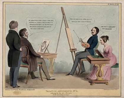 The painter Sir George Hayter watches Lord Melbourne making a study of John Bull as Prince Albert paints in oils and Queen Victoria engages in watercolours. Coloured lithograph by H.B. (John Doyle), 1840.