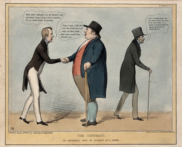 John Bull shakes the hand of Lord Morpeth in friendly admonition, but with his back to Lord Howick. Coloured lithograph by H.B. (John Doyle), 1841.