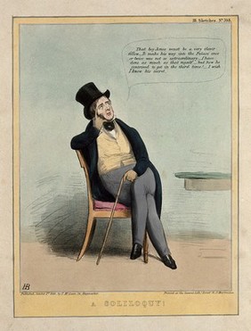 Lord Melbourne speaks his thoughts aloud. Coloured lithograph by H.B. (John Doyle), 1841.