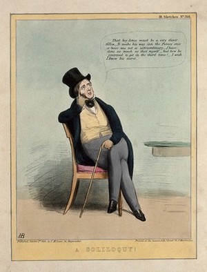 view Lord Melbourne speaks his thoughts aloud. Coloured lithograph by H.B. (John Doyle), 1841.