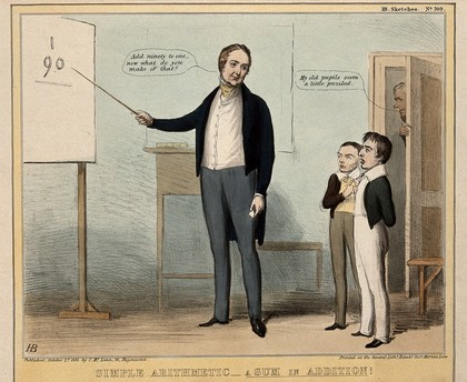 Lord Melbourne and Lord John Russell as schoolboys at a class given by Sir Robert Peel: Lord Brougham peeps from behind a door. Coloured lithograph by H.B. (John Doyle), 1841.