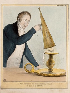 Sir Robert Peel holds a candle-snuffer inscribed "Conservatism" about to extinguish a low candle inscribed "Whiggery". Coloured lithograph by H.B. (John Doyle), 1841.