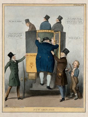 John Bull climbs on board a coach helped up by the Duke of Wellington with Sir Robert Peel in the driving seat. Coloured lithograph by H.B. (John Doyle), 1841.