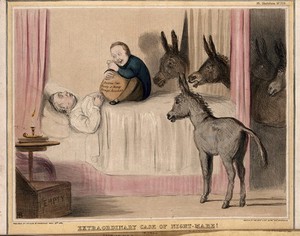 view John Bull has a nightmare about income tax represented by Sir Robert Peel sitting on his chest surrounded by donkeys (asses). Coloured lithograph by H.B. (John Doyle), 1842.