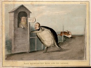 view John Bull sits in a box, umpiring a free trade race between Sir Robert Peel as a tortoise and Lord John Russell as a hare. Coloured lithograph by H.B. (John Doyle), 1843.