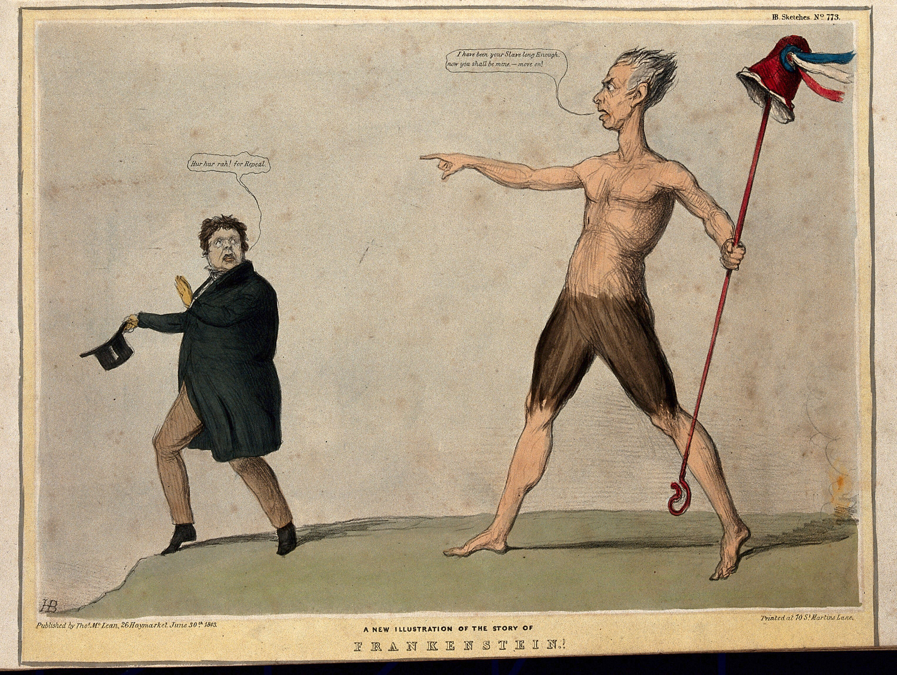A giant holding a crozier with a cap of liberty points menacingly to Daniel O'Connell who stands on the brink of a precipice. Coloured lithograph by H.B. (John Doyle), 1843.