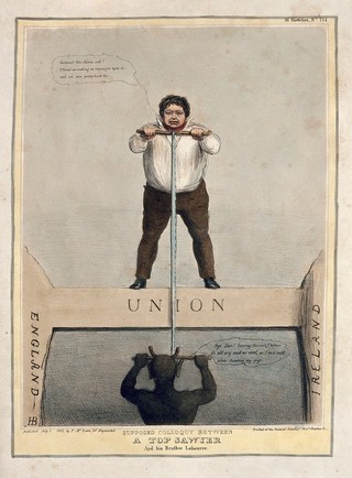 Daniel O'Connell and the devil attempt to saw an oak beam that unites England and Ireland. Coloured lithograph by H.B. (John Doyle), 1843.