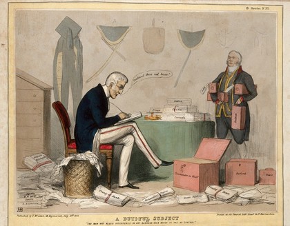 In a room with red boxes and bundles of papers, the Duke of Wellington is busily working as more are carried in. Coloured lithograph by H.B. (John Doyle), 1843.