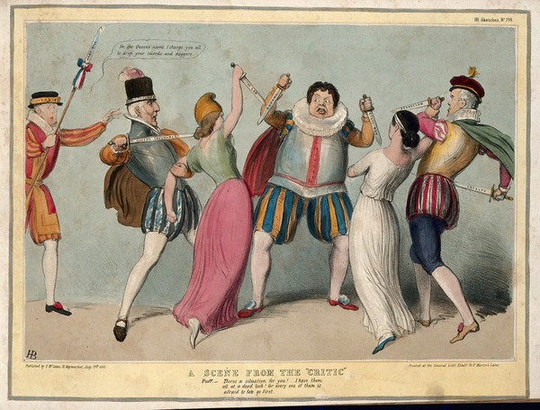 Daniel O'Connell in theatrical costume defends himself with two daggers from two women wielding daggers who are restrained by the Duke of Wellington and Lord Roden; Lord Eliot with a halberd is dressed as a beefeater. Coloured lithograph by H.B. (John Doyle), 1843.