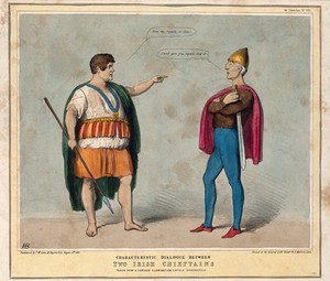 view Daniel O'Connell and the Duke of Wellington face each other as two opposing Irish chieftains. Coloured lithograph by H.B. (John Doyle), 1843.