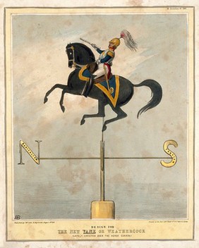 The Marquess of Londonderry (Earl Vane) as a weather-vane; the north and south poles have been replaced by "radicalism" and "Toryism". Coloured lithograph by H.B. (John Doyle), 1843.