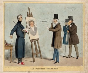 view The Duke of Wellington admires a portrait of Lord Ellenborough painted by Lord Brougham, two figures including Lord John Russell stand in the background. Coloured lithograph by H.B. (John Doyle), 1843.