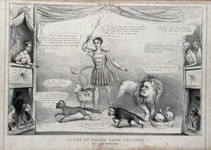 view Queen Victoria in a theatre watching a performance: Van Amburgh holding a whip and various animals - a lion, hyena, fox and sheep with the heads of Daniel O'Connell, Lord Durham, Lord Brougham and Lord Melbourne respectively. Lithograph by Philo H.B., 1839.