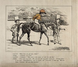 view Lord Rosebery as a racehorse-owner conversing with his trainer (William Patrick Adam) about the prospects of a horse ridden by Gladstone, dressed as a jockey. Engraving after L. Sambourne, ca. 1880.