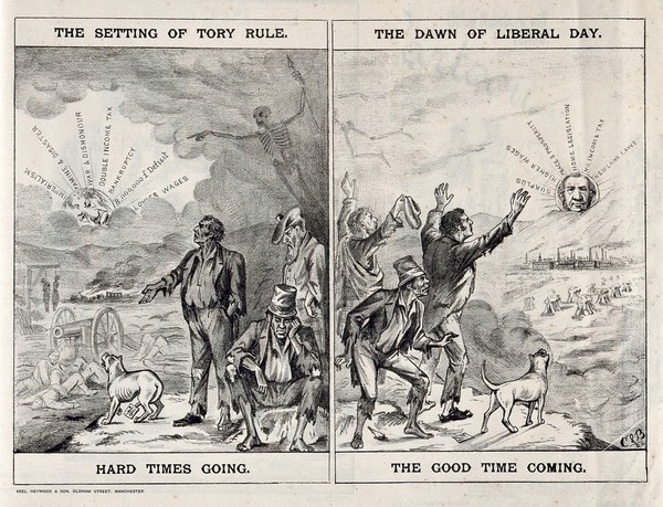 Left, the sun depicting Disraeli is setting on a devastated land; right, the sun depicting Gladstone is rising, bringing hope and a blooming economy. Lithograph, 1879.