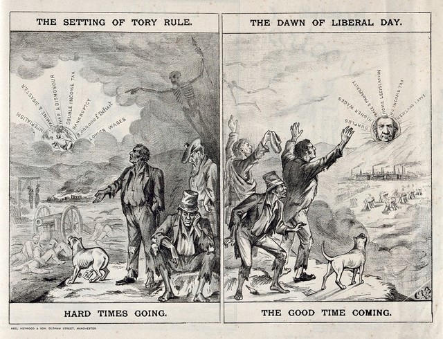 Left, the sun depicting Disraeli is setting on a devastated land; right, the sun depicting Gladstone is rising, bringing hope and a blooming economy. Lithograph, 1879.