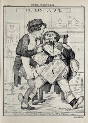 Benjamin Disraeli as a barber called "Ben Jingo" is cutting the face of John Bull while shaving him. Engraving (?) by W. Dewane, 188-.