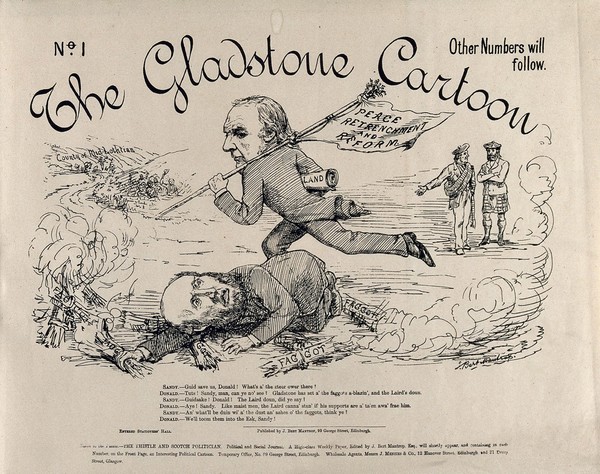 The Midlothian campaign of 1879-1880: William Gladstone runs past the Earl of Dalkeith who lies on the ground amid burning faggots. Engraving by A. Mantrop, 1879/1880.