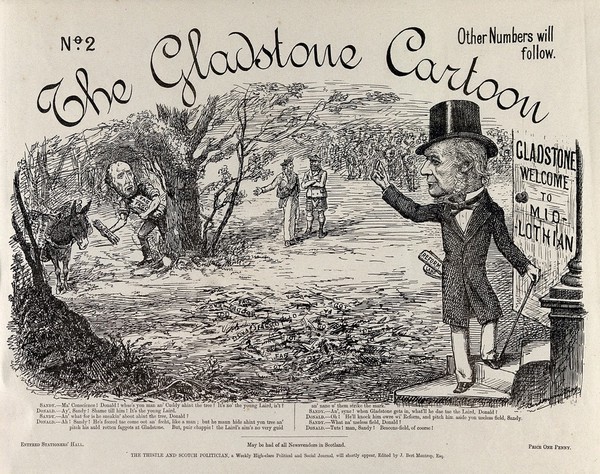 The Midlothian campaign of 1879-1880: William Gladstone is saluting a crowd; his opponent the Earl of Dalkeith is hiding behind a tree in order to throw faggots at him. Engraving by A. Mantrop, 1879/1880.
