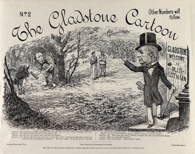 The Midlothian campaign of 1879-1880: William Gladstone is saluting a crowd; his opponent the Earl of Dalkeith is hiding behind a tree in order to throw faggots at him. Engraving by A. Mantrop, 1879/1880.