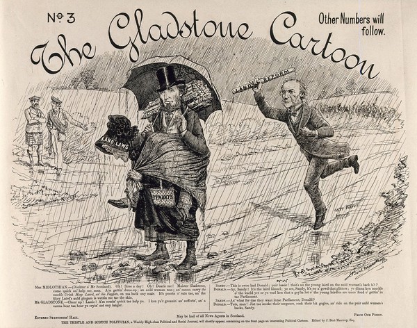 The Midlothian campaign of 1879-1880: William Gladstone runs to relieve an old woman of her burden; representing his intention to relieve Midlothian of the burden caused by fraudulent voting and land laws. Wood engraving by A. Mantrop, 1879/1880.