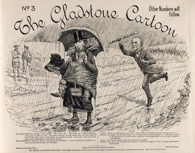 The Midlothian campaign of 1879-1880: William Gladstone runs to relieve an old woman of her burden; representing his intention to relieve Midlothian of the burden caused by fraudulent voting and land laws. Wood engraving by A. Mantrop, 1879/1880.