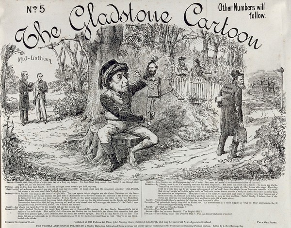 The Midlothian campaign of 1879-1880; Benjamin Disraeli is playing with a puppet of Lord Dalkeith while Stafford Northcote is losing the money of the Tory exchequer; Gladstone and Rosebery in the background. Engraving by A. Mantrop, 1879/1880.