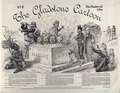 The Midlothian campaign of 1879-1880: people are burning in a ballot box, Disraeli is kissing a Turk representing tyranny and crime, a Zulu warrior looks on, and broken puppet of Lord Dalkeith lies in the foreground. Engraving by A. Mantrop, 1879/1880.