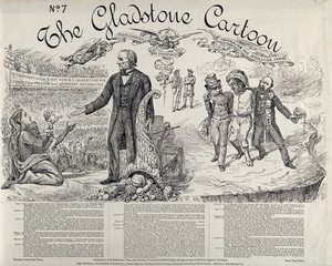 view The Midlothian campaign of 1879-1880; left, Gladstone, holding a cornucopia, is acclaimed by a crowd as he acknowledges the needy; right, Lord Dalkeith and Stafford Northcote are supporting Disraeli as a ragged and lame man, representing the Conservative government. Engraving by A. Mantrop, 1879/1880.