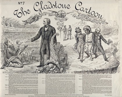 The Midlothian campaign of 1879-1880; left, Gladstone, holding a cornucopia, is acclaimed by a crowd as he acknowledges the needy; right, Lord Dalkeith and Stafford Northcote are supporting Disraeli as a ragged and lame man, representing the Conservative government. Engraving by A. Mantrop, 1879/1880.