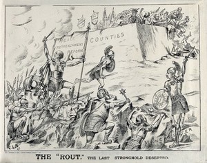 view W.E. Gladstone and his Liberal allies, dressed as Roman soldiers, are about to defeat the Conservatives, who throw themselves from the citadel marked "Counties". Lithograph, ca. 1880.