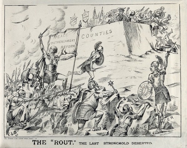 W.E. Gladstone and his Liberal allies, dressed as Roman soldiers, are about to defeat the Conservatives, who throw themselves from the citadel marked "Counties". Lithograph, ca. 1880.
