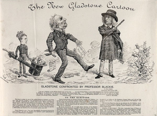 Gladstone is being confronted by J.S. Blackie regarding his foreign policy; Lord Rosebery wearing a crown and holding an umbrella in the background. Engraving, 1880.