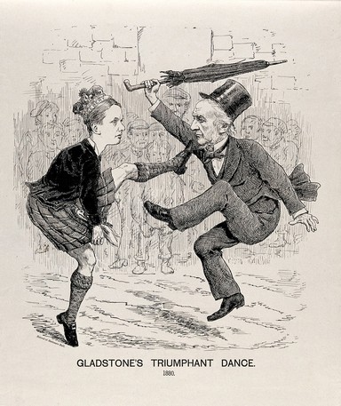 Gladstone dancing with Lord Rosebery, who is wearing a kilt; celebrating the Liberal victory in the British General Election of 1880 and a crown. Engraving, 1880.