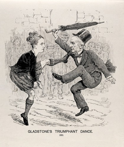 Gladstone dancing with Lord Rosebery, who is wearing a kilt; celebrating the Liberal victory in the British General Election of 1880 and a crown. Engraving, 1880.