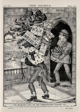 Disraeli leaving Parliament with heavy luggage (war, imperialism, ruin, distress ...) on his shoulders; he is followed by Stafford Northcote. Engraving by W. Dewane, 1880.