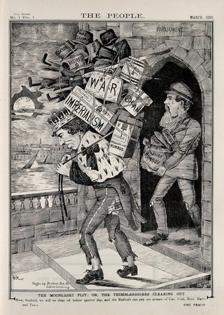 Disraeli leaving Parliament with heavy luggage (war, imperialism, ruin, distress ...) on his shoulders; he is followed by Stafford Northcote. Engraving by W. Dewane, 1880.