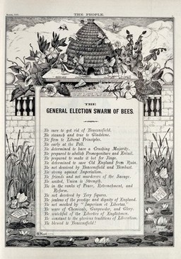 Queen Victoria, Benjamin Disraeli, Gladstone and John Bright depicted as bees around a beehive; representing the United Kingdom General Election of 1880. Engraving by W. Dewane after himself, March 1880.