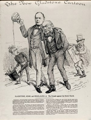 view William Gladstone with Charles Bradlaugh who is splilling the content of a cup on which is written "Fruits of philosophy Bradlaugh" on to Rosebery's face; William Adam is shown behind. Engraving, ca. 1880.