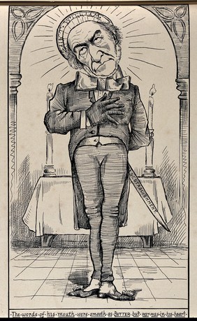 William Gladstone in a church, a halo around his head, holding a sword lettered "Disestablishment" behind his back. Engraving, ca. 1880.