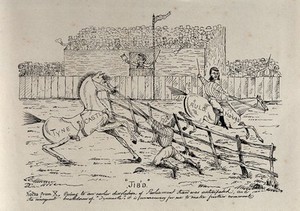 view A steeplechase race: Gladstone's horse "Tynecastle" refuses to jump a fence and is led by the horse "Auldhouse". Lithograph, ca. 1880.