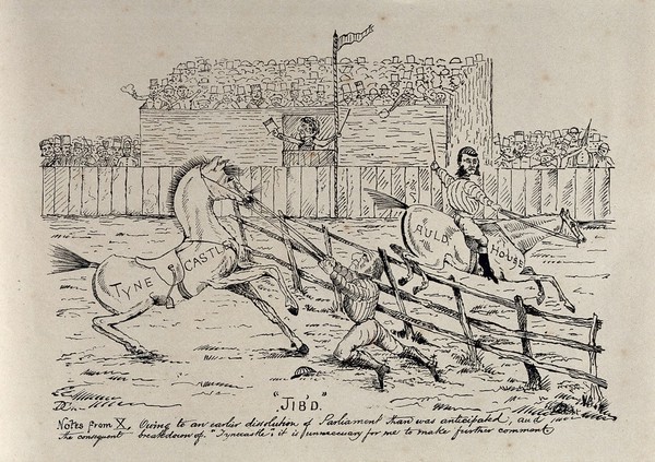 A steeplechase race: Gladstone's horse "Tynecastle" refuses to jump a fence and is led by the horse "Auldhouse". Lithograph, ca. 1880.