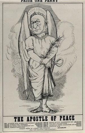 view William Gladstone, amid clouds, dressed as an angel with a sword. Engraving, ca. 1880.