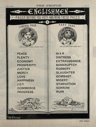 Pages in a book; left, a Liberal page illustrated with a happy child, a cornucopia and a medallion of Gladstone; right, a Tory page illustrated with an unhappy child and a serpent depicted with the face of Disraeli. Engraving after W. Dewane, ca. 1880.