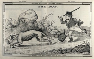 view William Gladstone chasing with a stick a dog with the face of Benjamin Disraeli. Engraving after W. Dewane, ca. 1880.